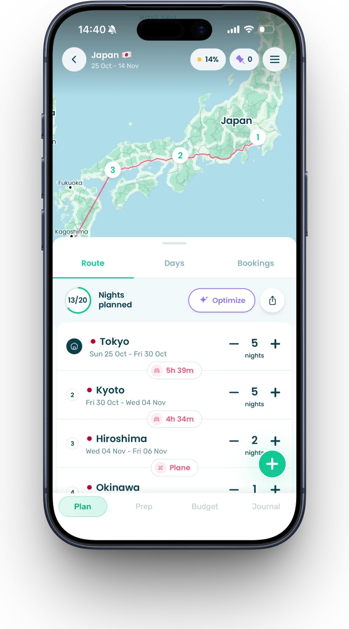 The Stippl app showing a planned route through Japan