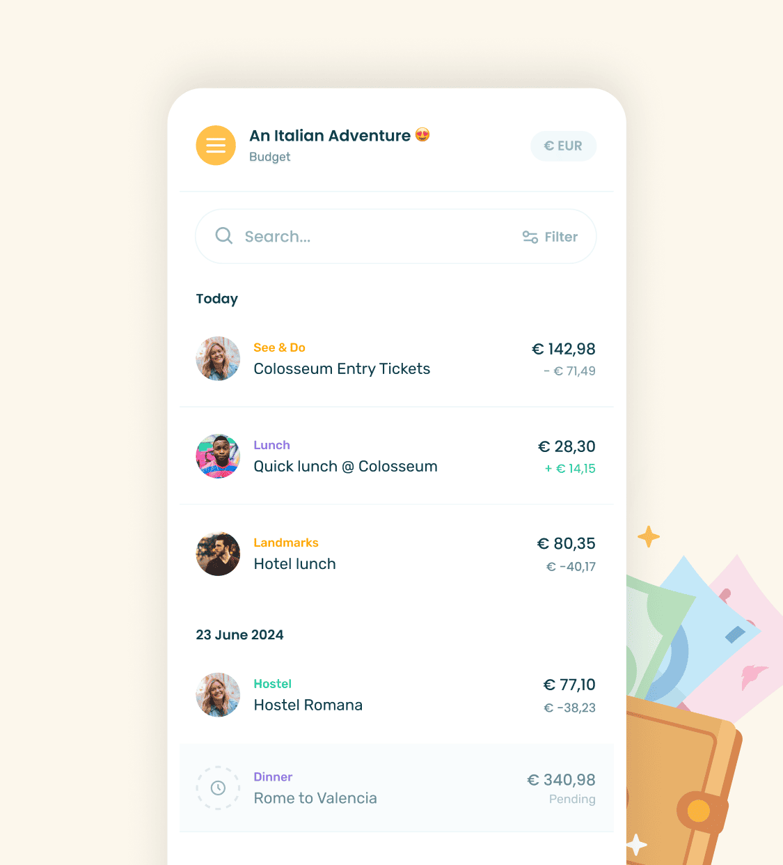 Stippl travel budget planner showing trip expenses and group cost splitting