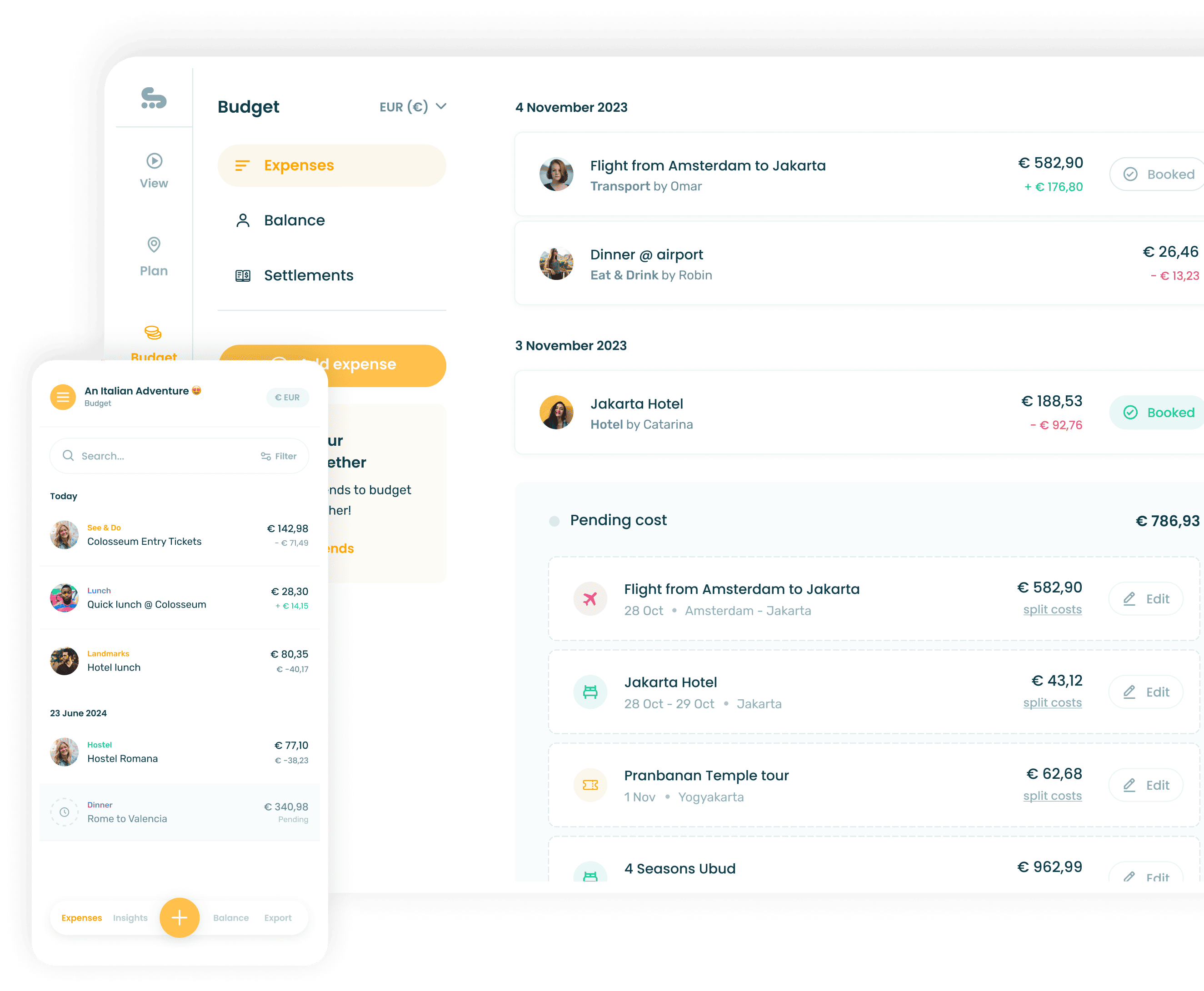 Stippl travel budget planner showing trip expenses and group cost splitting