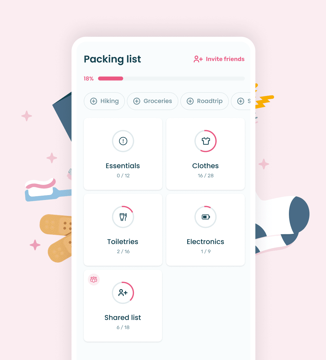 Stippl travel packing list showing a categorised checklist for a trip