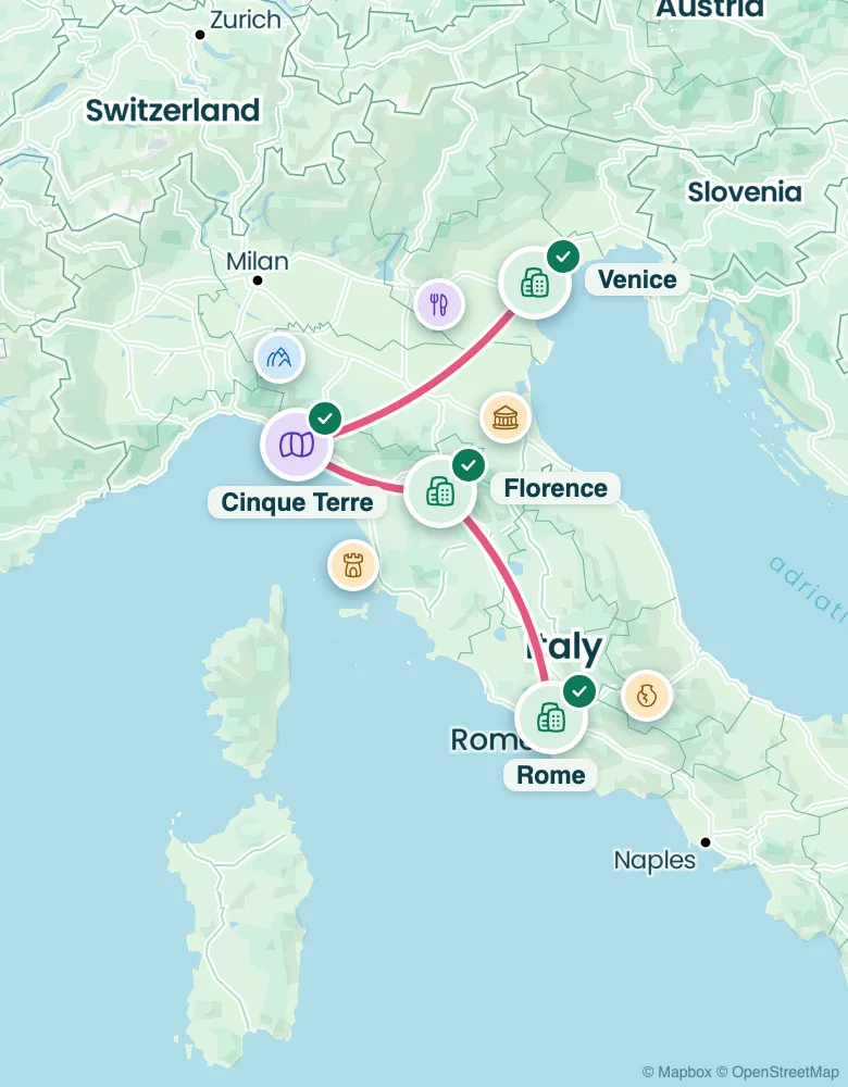 Route map: 2 weeks in Italy, Rome to Venice
