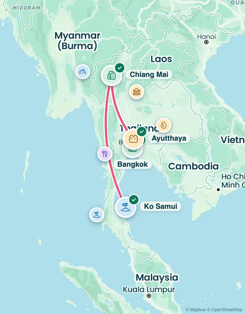 Route map: 2 weeks in Thailand, Bangkok to Ko Samui