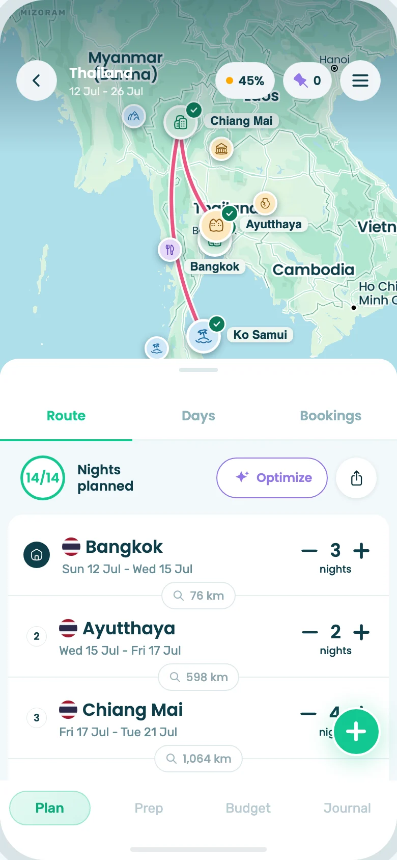 The Thailand trip in the Stippl app: Bangkok, Ayutthaya, Chiang Mai and Ko Samui with nights per stop